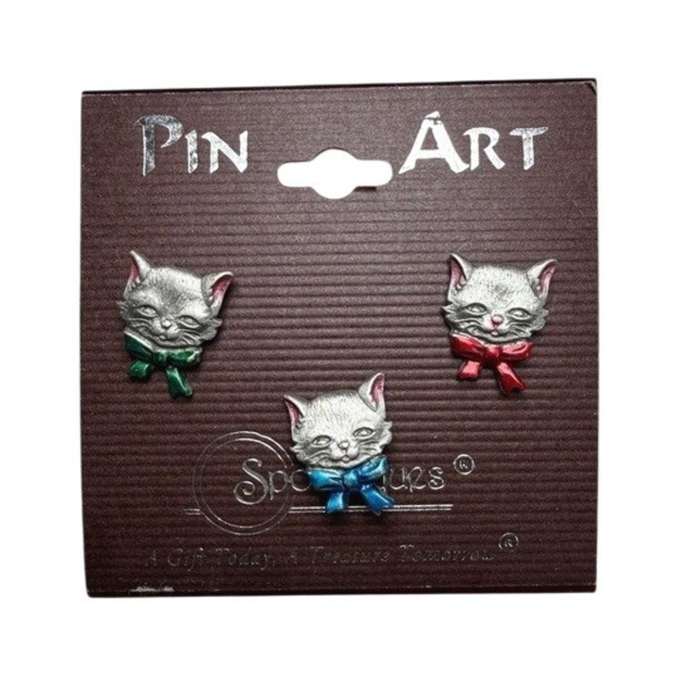 Spoontiques Pin Art Cats 3 Piece Set Silver Pewter Kitten Bow Tie Pins Christmas
